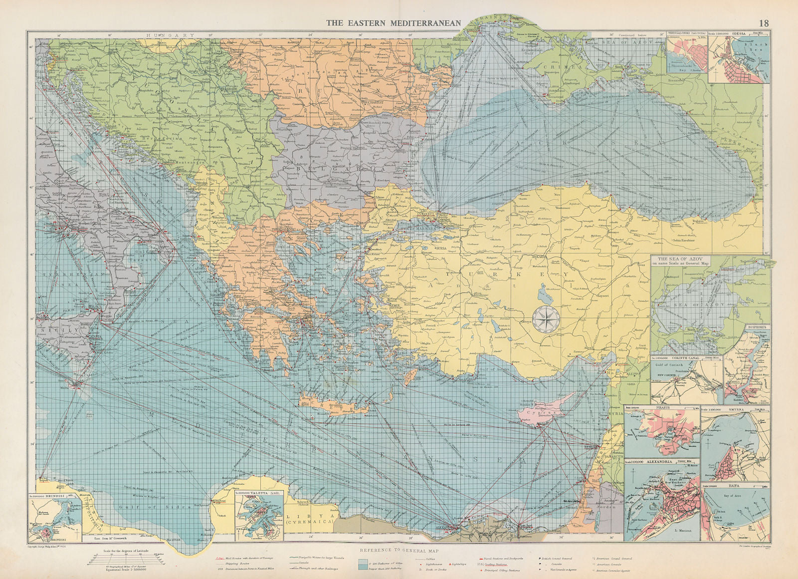 Eastern Mediterranean & Black Sea chart. Ports lighthouses mail. LARGE 1952 map